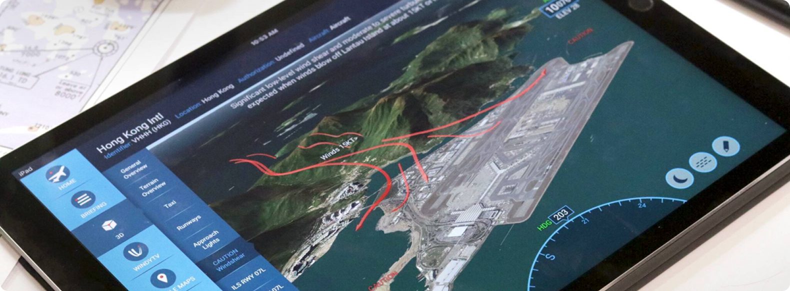 Airport Briefing application on a tablet showing 3D terrain, briefing navigation, and flight data